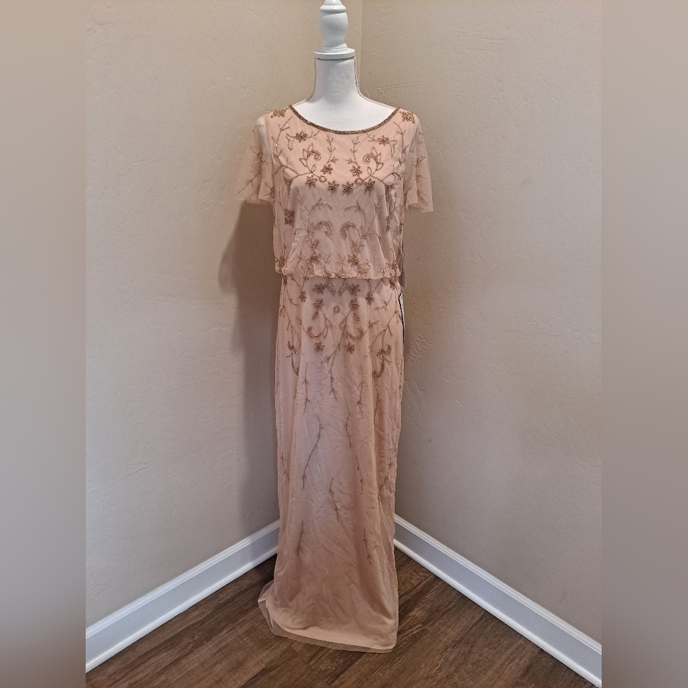 Adrianna Papell Women's Mesh Flutter Sleeve Beaded Blouson Column Gown
